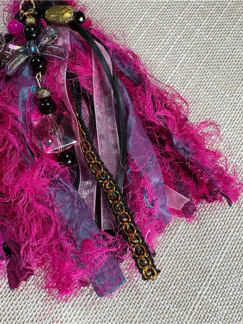 Hand Crafted Fuchsia Pink Tassel Keychain/Bag Charm with Gold Accents - Picture 6 of 12